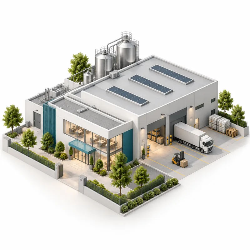 Illustrazione di uno stabilimento produttivo con serbatoi e area di carico