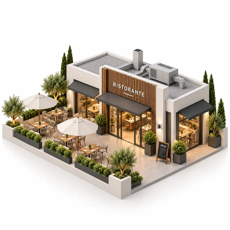Illustrazione di un ristorante con tavoli all'aperto