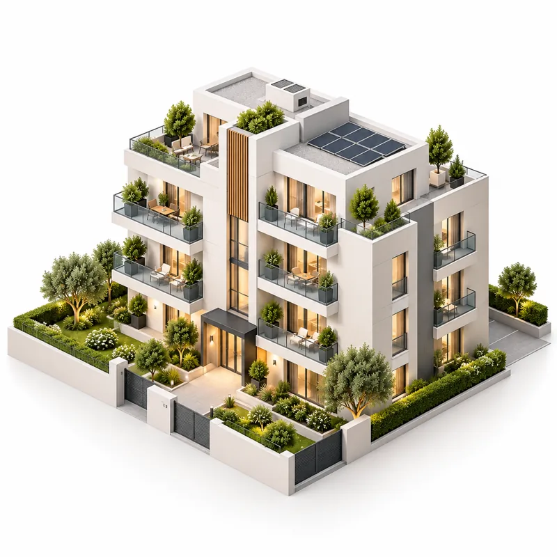Illustrazione di un condominio con giardino